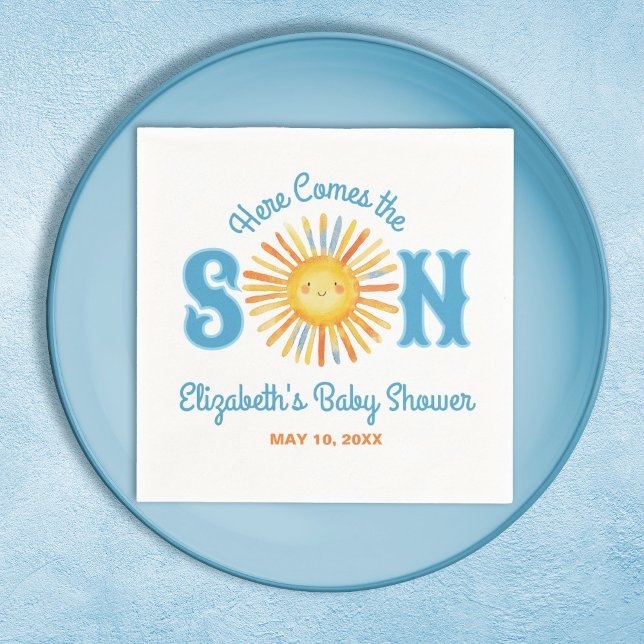 Here Comes the Son Sunshine Baby Shower Napkins (Here Comes the Son baby shower party napkin, Personalize it with your name and date.)