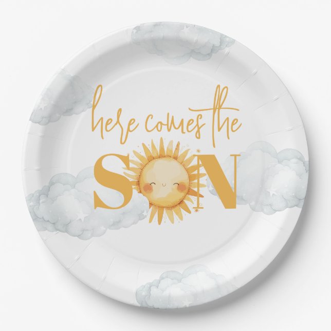Here Comes The Son Sunshine Baby Shower Paper Plates (Front)