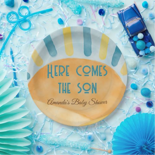 Here Comes the Son Sunshine Blue Ray Baby Shower Paper Plates