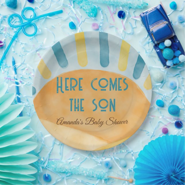 Here Comes the Son Sunshine Blue Ray Baby Shower Paper Plates (Party)