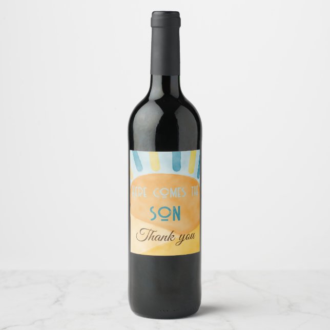 Here Comes the Son Sunshine Blue Ray Baby Shower Wine Label (Front)