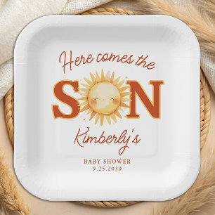 Here Comes The Son Sunshine Boho Cute Baby Shower Paper Plates