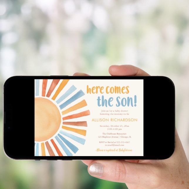 Here comes the son sunshine boy baby shower invitation (Front Digital)