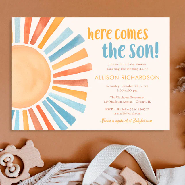 Here comes the son sunshine boy baby shower invitation Zazzle