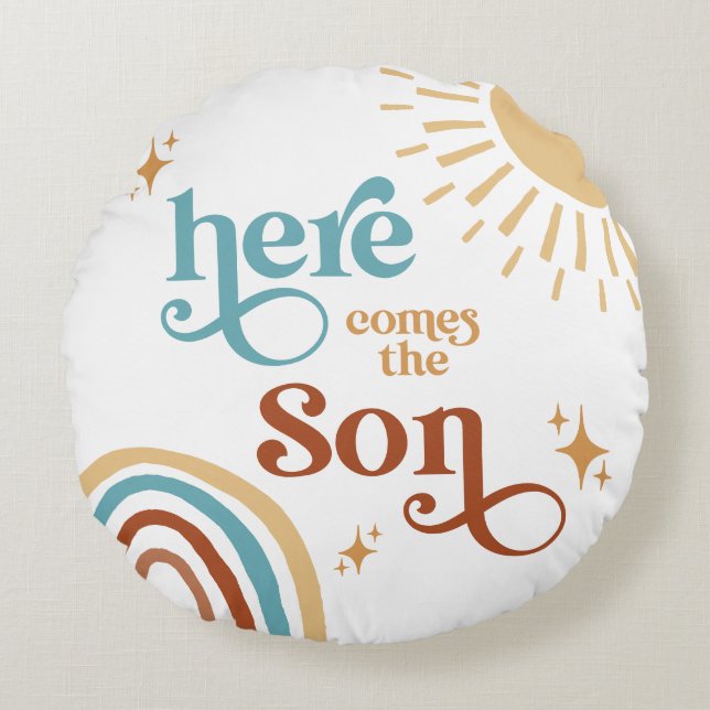 Here Comes the Son Sunshine Boy Baby Shower Round Pillow (Front)