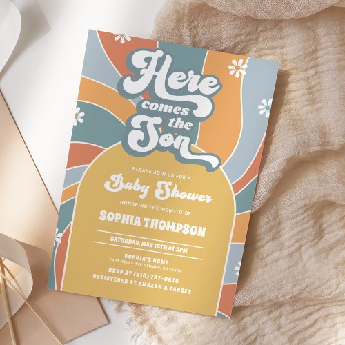 Here Comes The Son Sunshine Groovy Baby Shower Invitation
