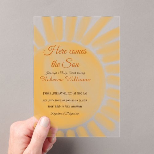 Here Comes the Son Sunshine Ray Yellow Baby Shower Acrylic Invitations