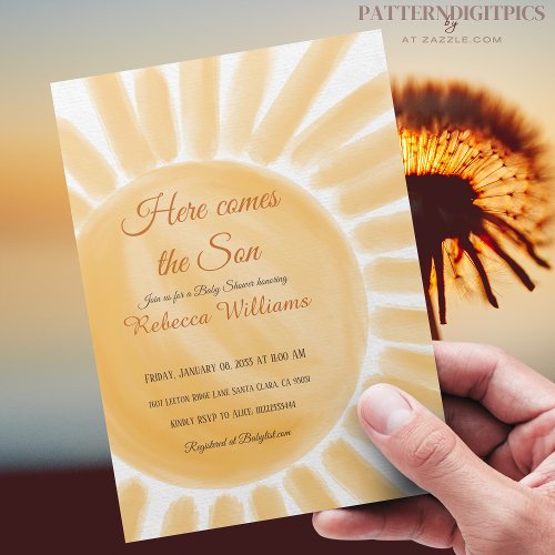 Here Comes the Son Sunshine Ray Yellow Baby Shower Invitation