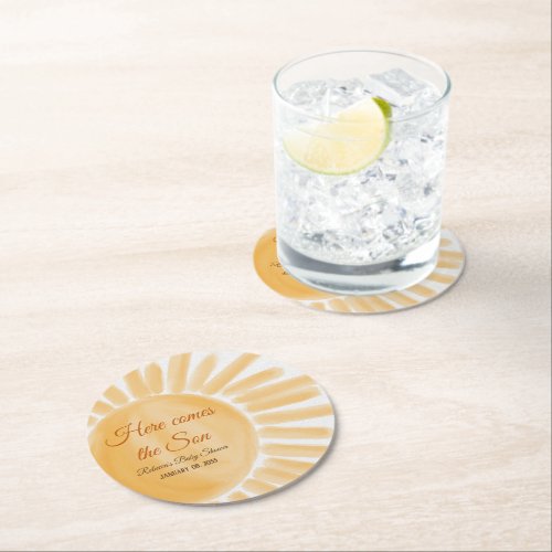 Here Comes the Son Sunshine Ray Yellow Baby Shower Round Paper Coaster