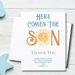 Here Comes The Son Thank You Postcard<br><div class="desc">This fun boy's baby shower thank you card features the text "Here Comes The Son" in blue retro typography with a cute smiling yellow watercolor sun. Easily customizable. Because we create our artwork you won't find this exact image from other designers. Original Watercolor © Michele Davies.</div>