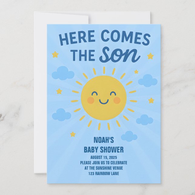 "Here comes the son" Vertical Invitation Card (Front)