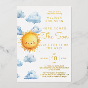 Here comes the son Watercolor Baby Boy Shower Foil Invitation