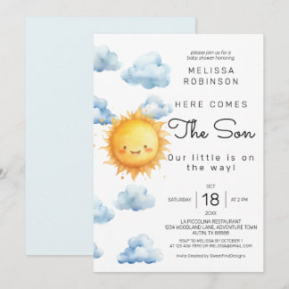 Here comes the Son Watercolor Baby Boy Shower Invitation