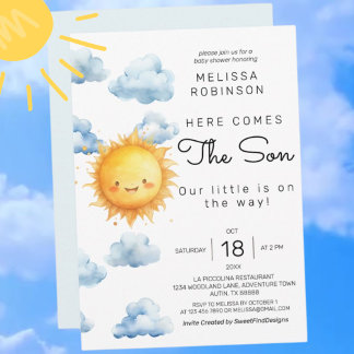 Here comes the Son Watercolor Baby Boy Shower Invitation