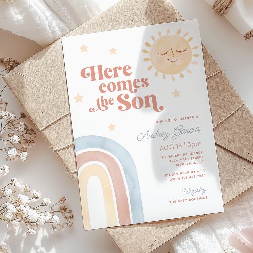 Here Comes the Son Watercolor Boho Baby Shower Invitation