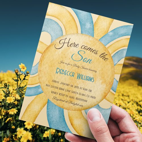 Here Comes the Son Yellow Blue Rays Baby Shower Invitation