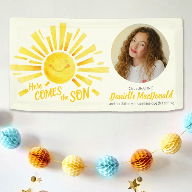Here comes the son yellow sun photo baby shower banner (Creator Uploaded)