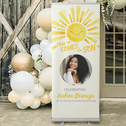Here comes the son yellow sun photo baby shower retractable banner