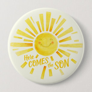 Here comes the son yellow sun whimsy baby shower button