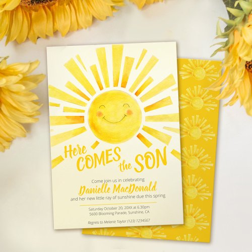 Here comes the son yellow sun whimsy baby shower invitation