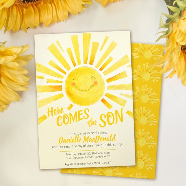 Here comes the son yellow sun whimsy baby shower invitation (Creator Uploaded)