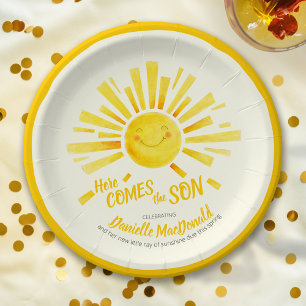 Here comes the son yellow sun whimsy baby shower paper plates