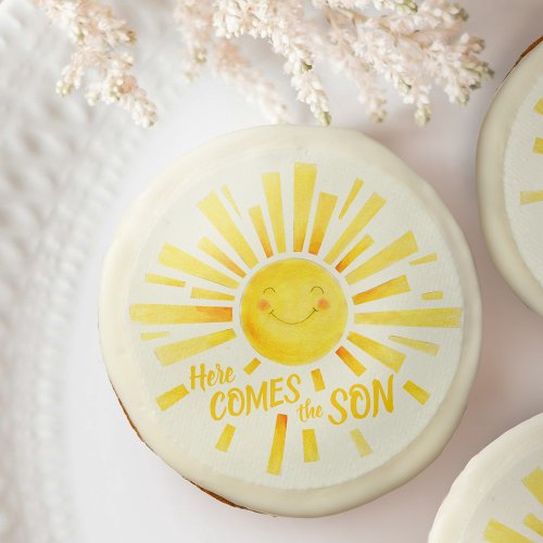 Here comes the son yellow sun whimsy baby shower sugar cookie