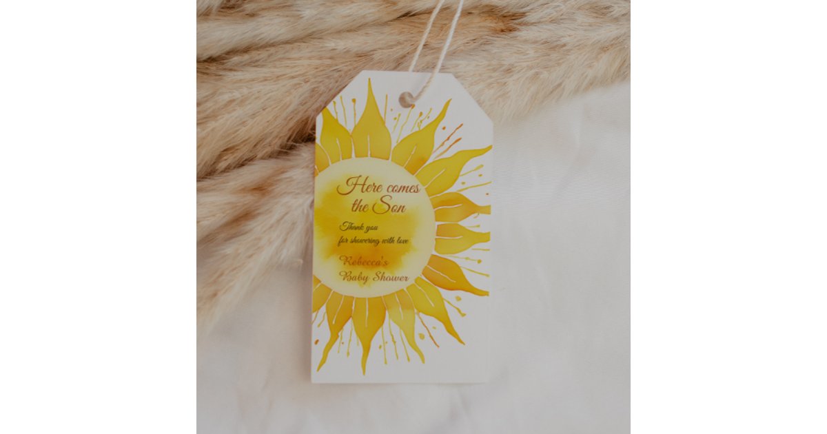Here Comes the Son Yellow Sunshine Baby Shower Gift Tags | Zazzle