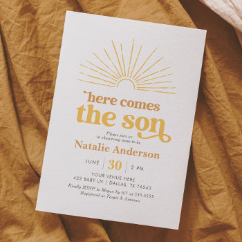 Here Comes The Son Yellow Sunshine Baby Shower Invitation by LittleFolkPrintables at Zazzle