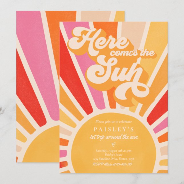 Here Comes The Sun 1st Birthday Sunshine Rainbow Invitation (Front/Back)