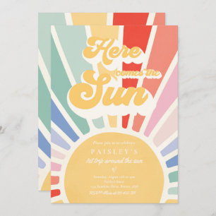 Here Comes The Sun 2nd Birthday Muted Rainbow Invitation