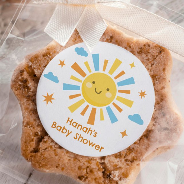 Here Comes the Sun Baby Shower Favor Classic Round Sticker (Creator Uploaded)