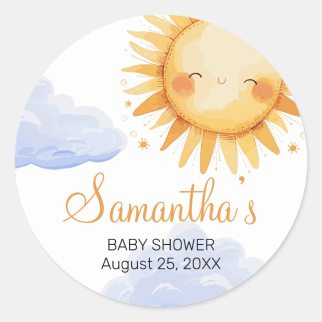 Here comes the Sun baby shower invitation  Classic Round Sticker (Front)