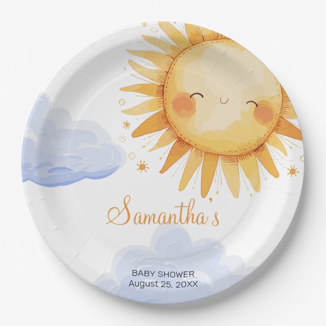Here comes the Sun baby shower invitation  Paper Plates (Front)