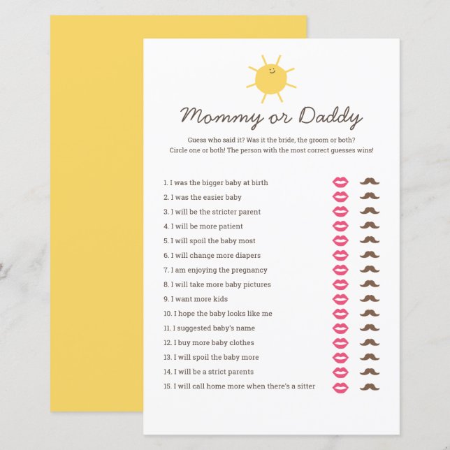 Here Comes The Sun Baby Shower Mommy or Daddy Game (Front/Back)