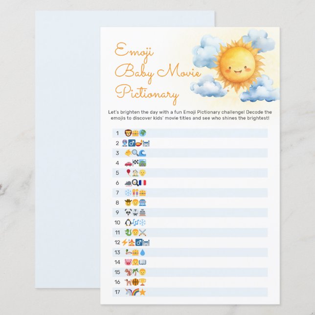 Here Comes the Sun Baby Shower Pictionary Game (Front/Back)