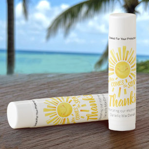 Here comes the sun baby shower yellow thank you  lip balm