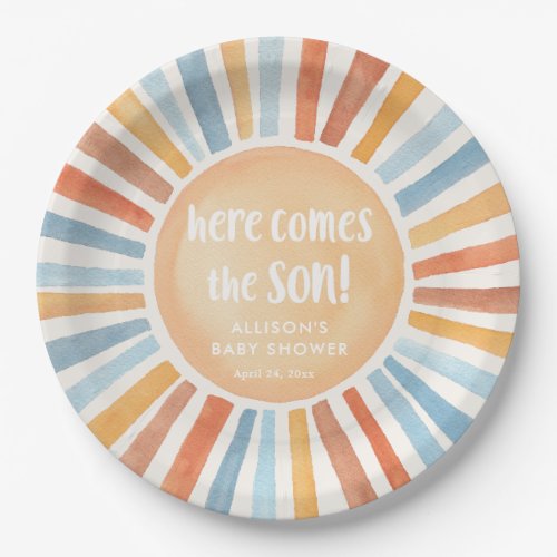 Here comes the sun boho boy baby shower paper plates