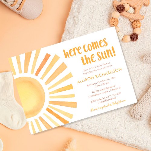 Here comes the sun boho gender neutral baby shower invitation