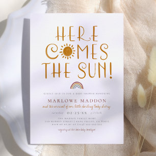 Here Comes The Sun   Boho Rainbow Baby Shower Invitation