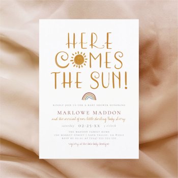 Here Comes The Sun | Boho Rainbow Baby Shower Invitation by Cali_Graphics at Zazzle
