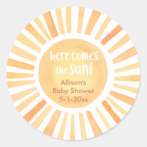 Here comes the sun boho sunshine baby shower classic round sticker