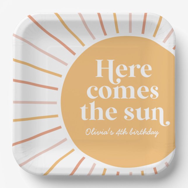 Here Comes the Sun Boho Sunshine birthday Paper Plates (Front)