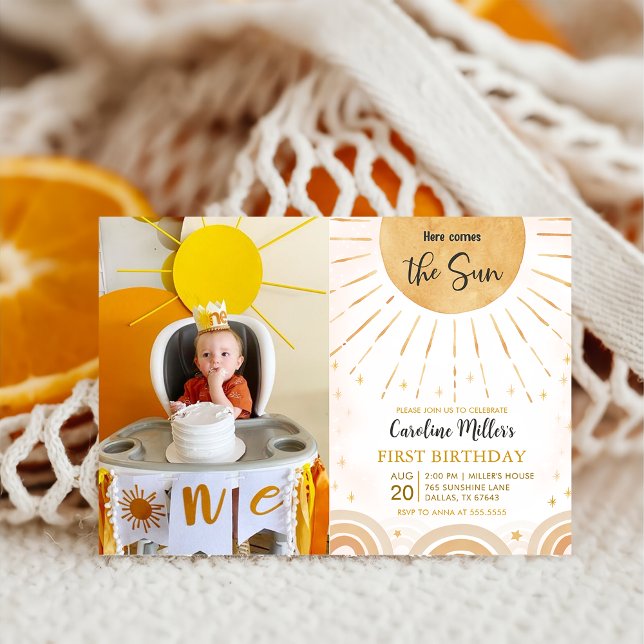 Here Comes the Sun Boho Sunshine Birthday Photo Invitation (Creator Uploaded)