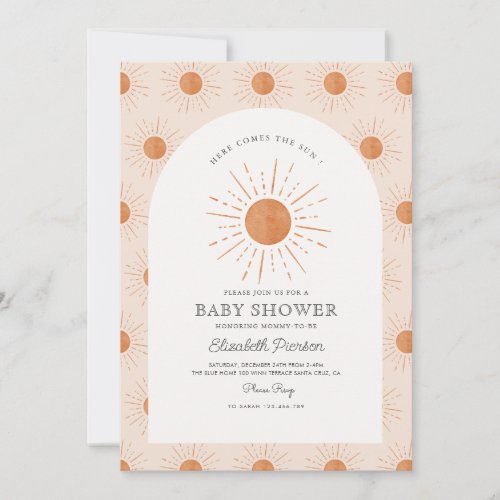 Here comes the sun Burnt Orange Sun Baby Shower Invitation