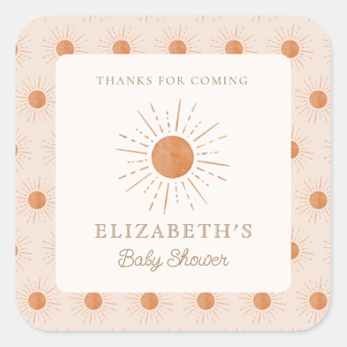 Here comes the sun Burnt Orange Sun Baby Shower Square Sticker