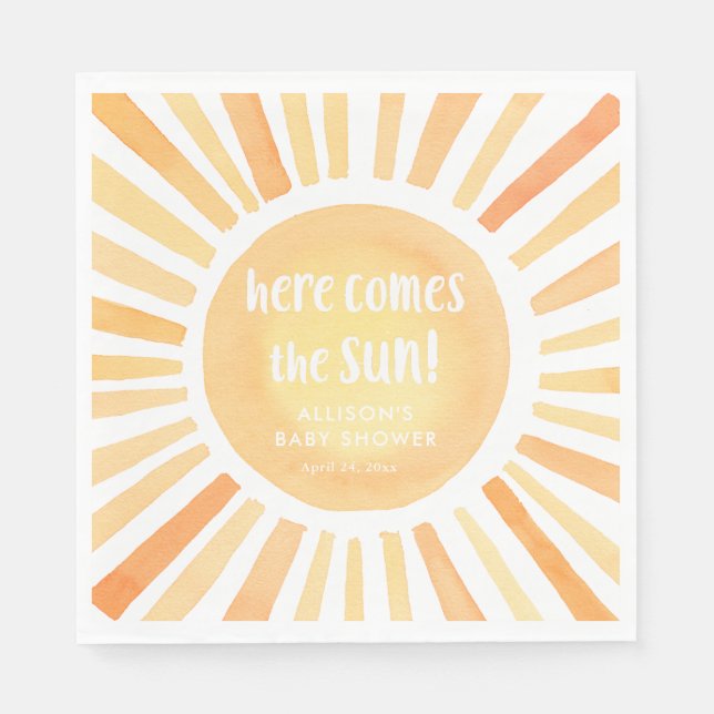 Here comes the sun gender neutral baby shower napkins (Front)