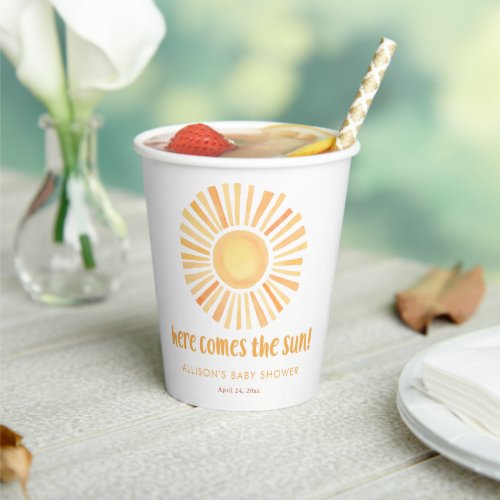 Here comes the sun gender neutral baby shower paper cups