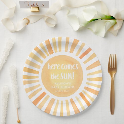 Here comes the sun gender neutral baby shower paper plates