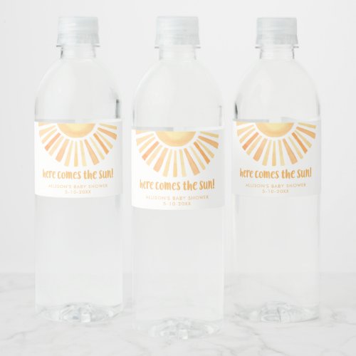 Here comes the sun gender neutral baby shower water bottle label